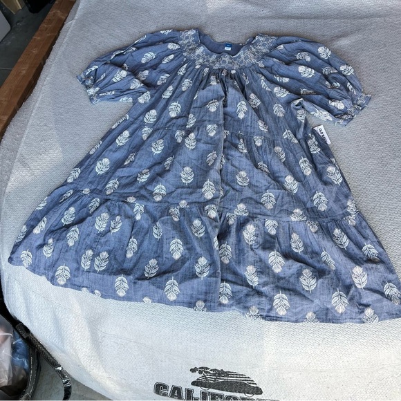 Old Navy Blue Peasant Boho Feather Print A-Line Dress Pockets Cotton Blend XXL - Picture 1 of 6